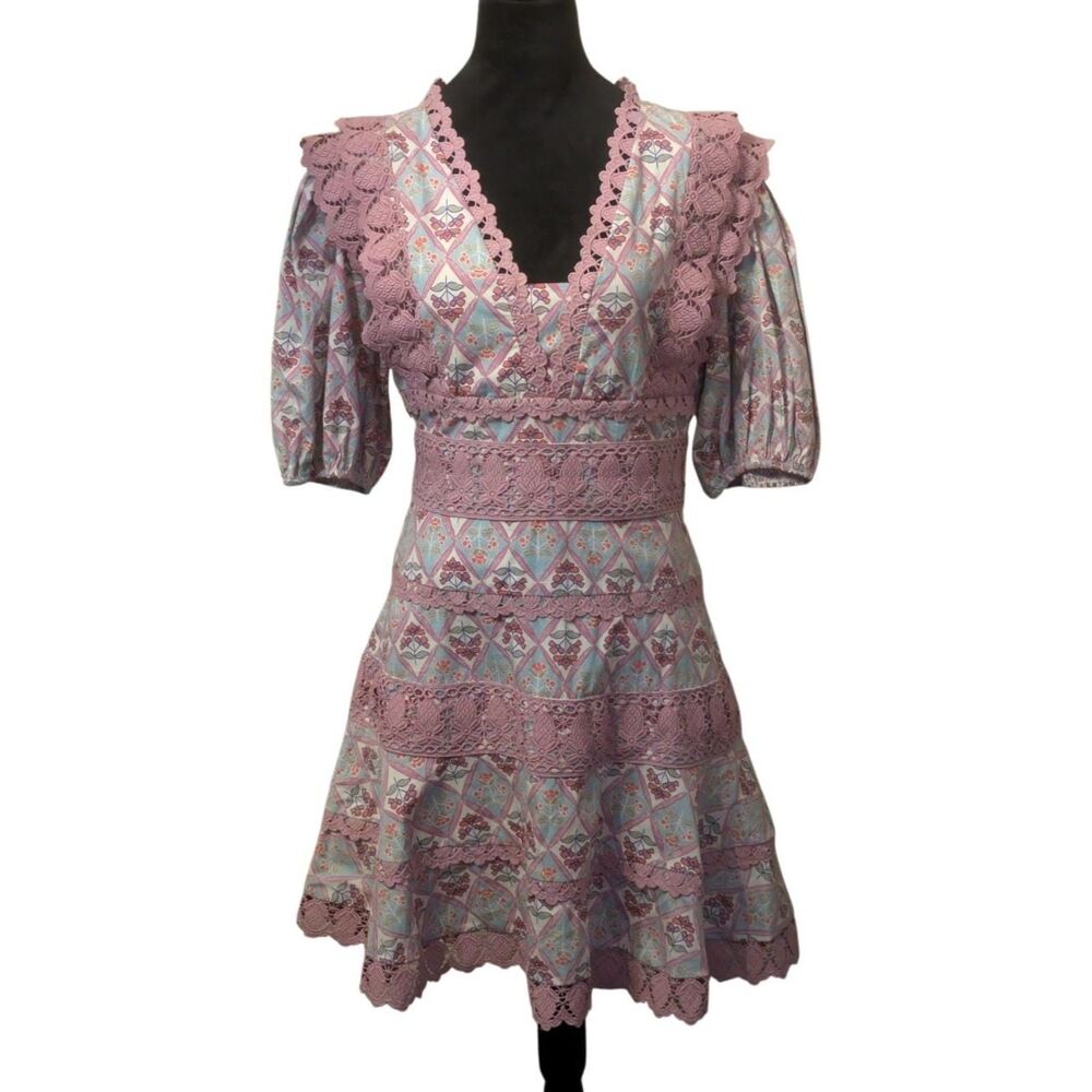 Karlie Paris Floral Lace Cottage Whimsy V-Neck Mini Dress Pastel Diamond, Large